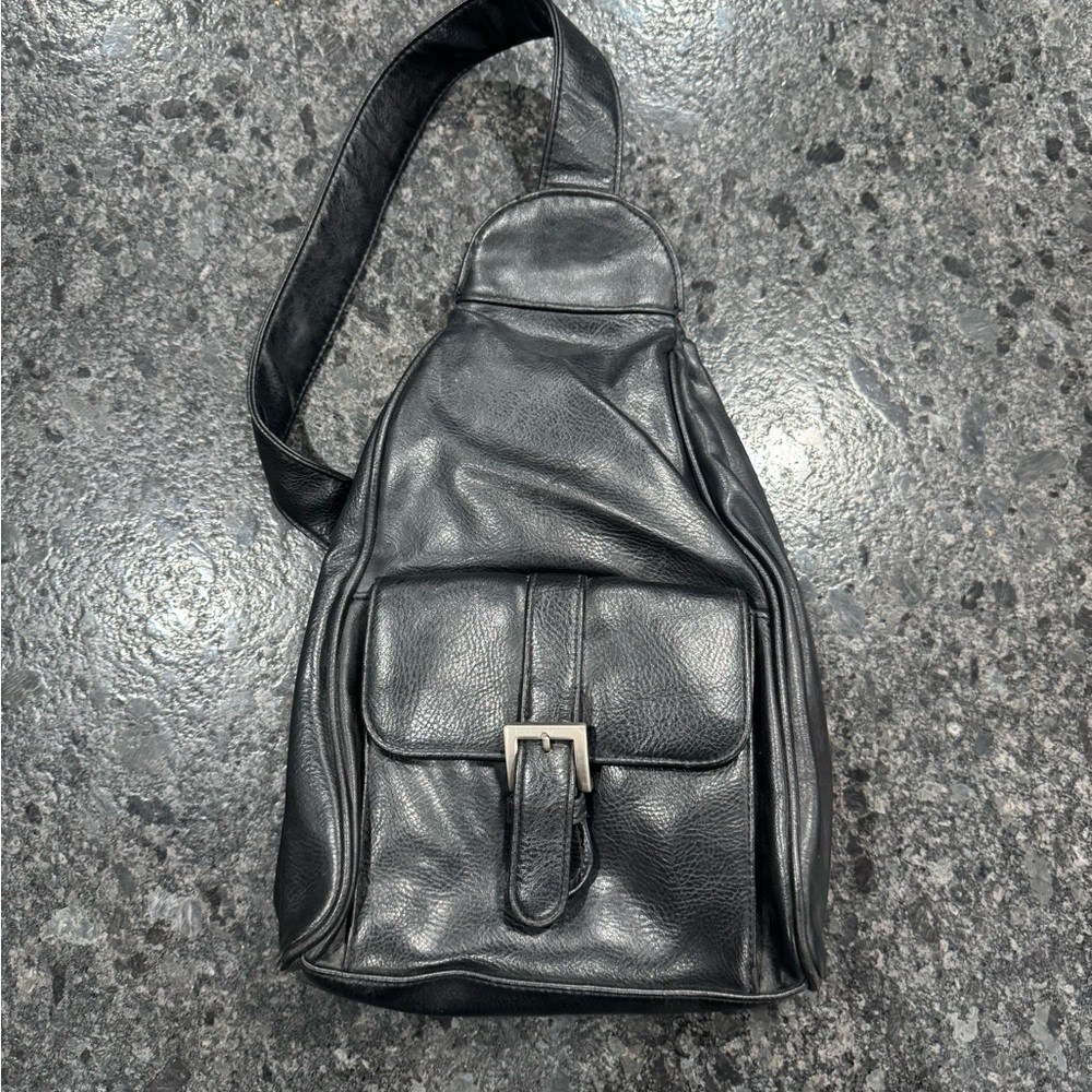Black Faux Leather Sling Backpack Crossbody Bag Minimal Everyday
